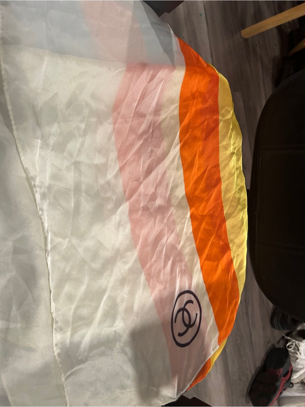 CHANEL White Silk Scarf with Orange, Yellow & Pink Stripes